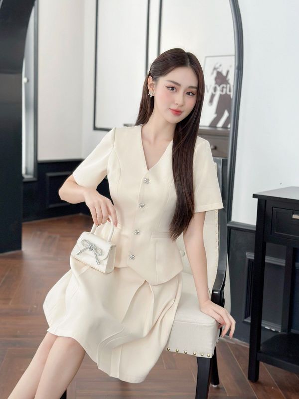 B8343X82 - Bộ vest xanh cổ K, 1 khuy ly vai + chân váy ôm Thời trang nữ  Toson