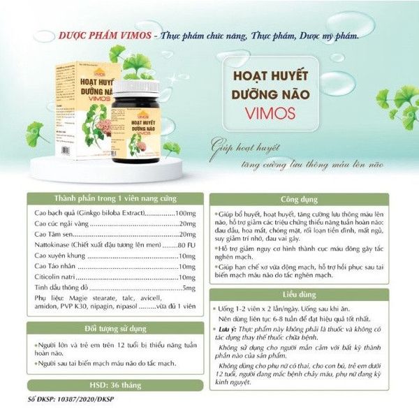 Combo 2 hộp Hoạt huyết dưỡng não VIMOS giảm đau đầu, mất ngủ suy nhược thần kinh, tăng tuần hoàn não lọ 60 viên Combo 2 hộp Hoạt huyết dưỡng não VIMOS giảm đau đầu, mất ngủ suy nhược thần kinh, tăng tuần hoàn não lọ 60 viên
