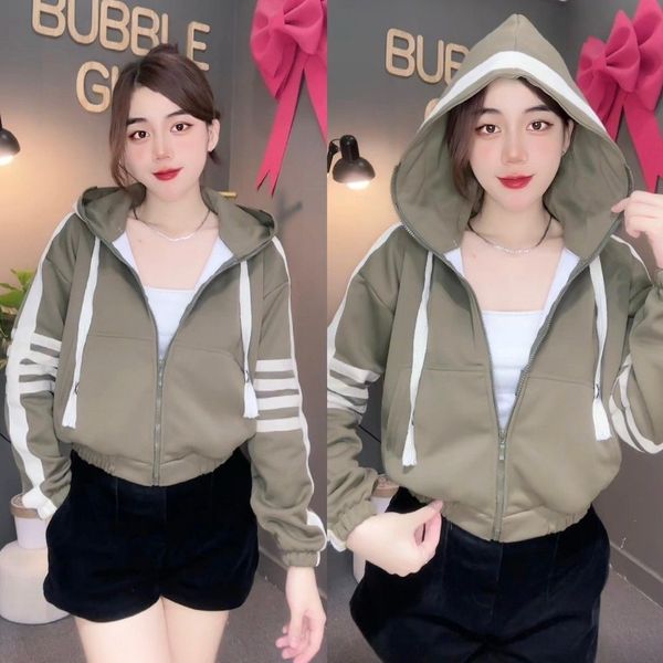 Áo Khoác Thun 2 Da Thom Sọc Viền 6 Túi Dưới 60KG BUBBLE GUM Jacket Nữ