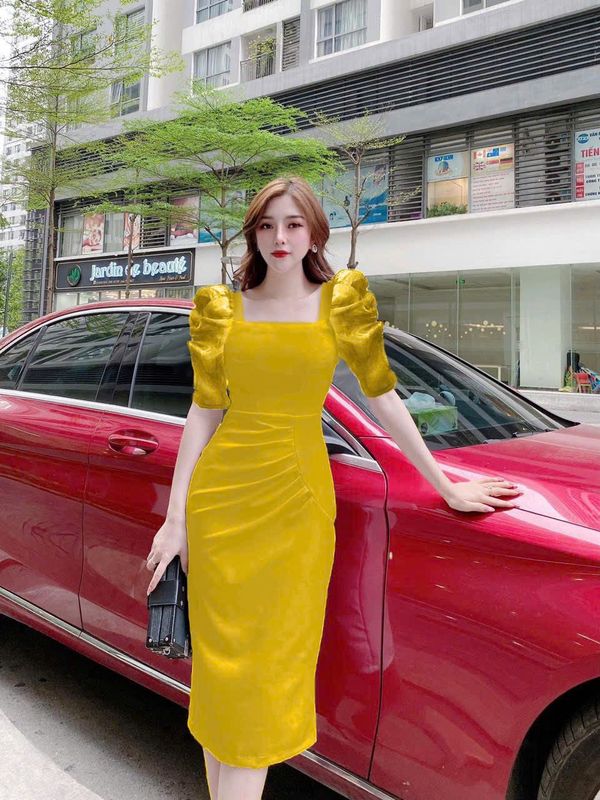 Đầm thiết kế nữ body cổ vuông xếp ly cao cấp Đầm thiết kế nữ body cổ vuông xếp ly cao cấp