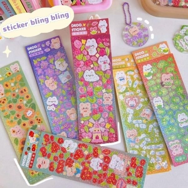 set 2 tấm hình dán sticker chủ đề gấu thỏ mèo và hoa siêu bling lấp ...