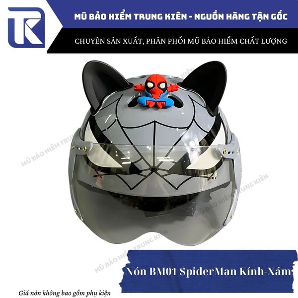 Mũ bảo hiểm trẻ em hình siêu nhân Spiderman XÁM gắn sticker 3D có kính ...